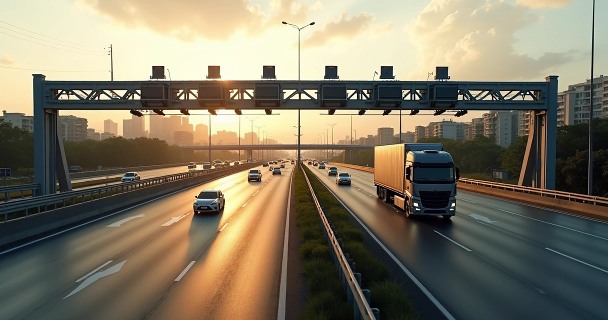 Caminhão passa por pórtico de pedágio free flow na Dutra em área urbana 