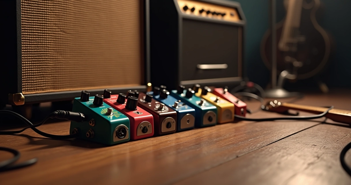 Pedais de efeito e amplificador de guitarra em estúdio 