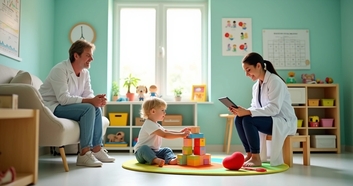 Pediatra observa criança brincando em consultório colorido 