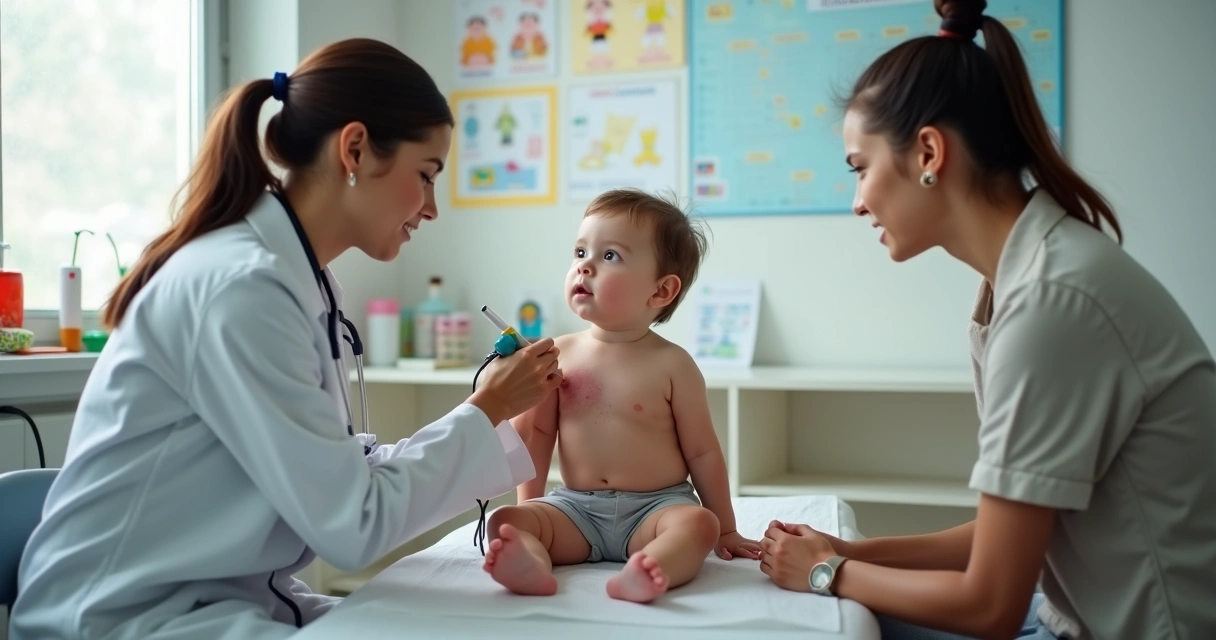 Pediatra examinando manchas de sarampo em criança no consultório 