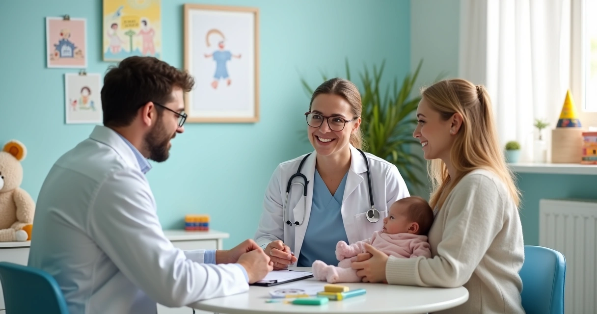 Pediatra conversando com pais de bebê em consultório infantil 