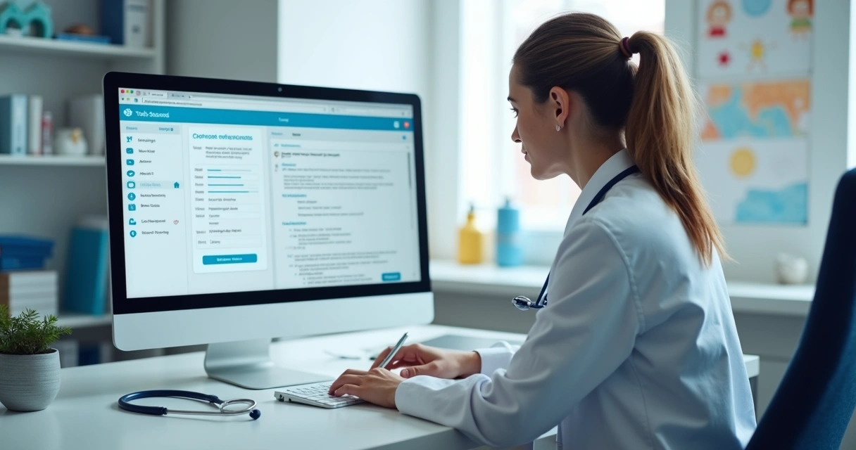 Pediatra registrando teleconsulta em prontuário digital 