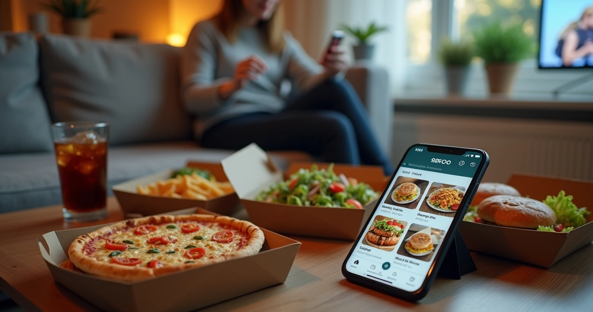 Pessoa fazendo pedido de comida pelo app em sala de estar aconchegante 
