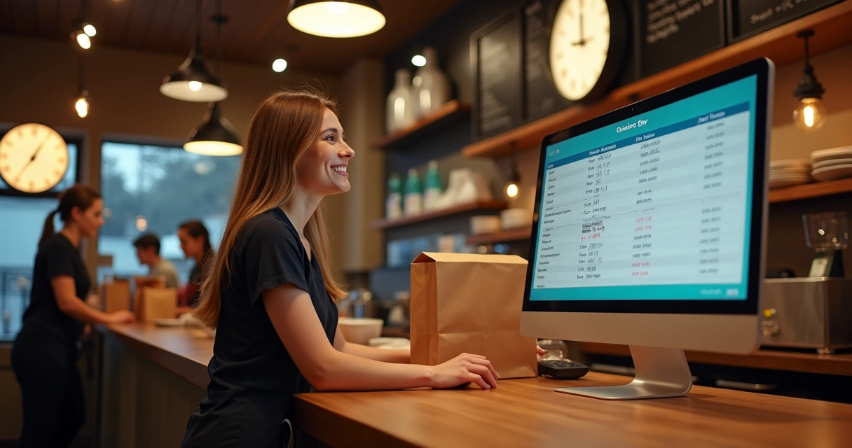 Balconista de restaurante organizando pedidos agendados na tela do computador