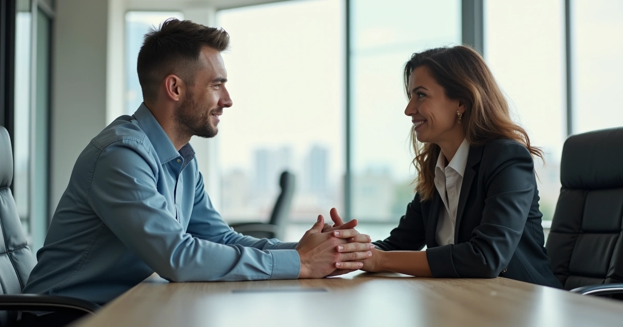Duas pessoas sentadas conversando em ambiente de trabalho, uma oferecendo ajuda à outra.