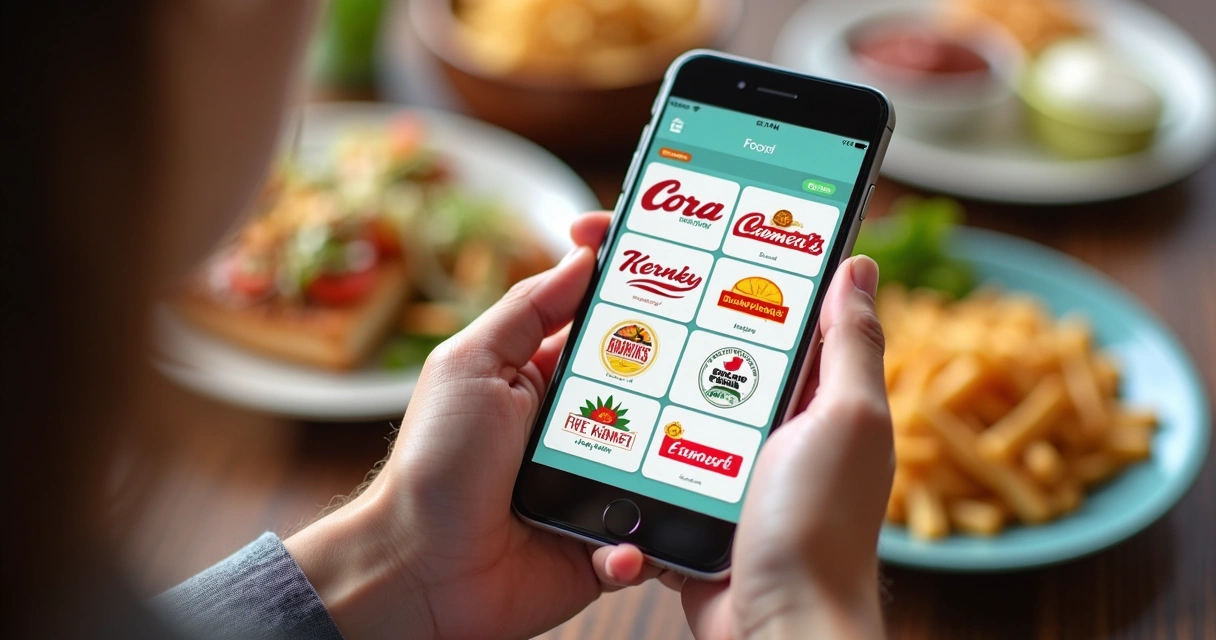 Mãos segurando celular com tela de aplicativo de delivery mostrando várias marcas para escolher 