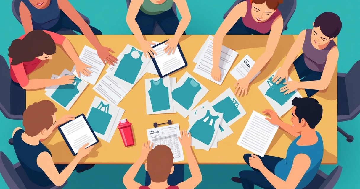 Equipe avaliando pedido de regatas personalizadas para academia 