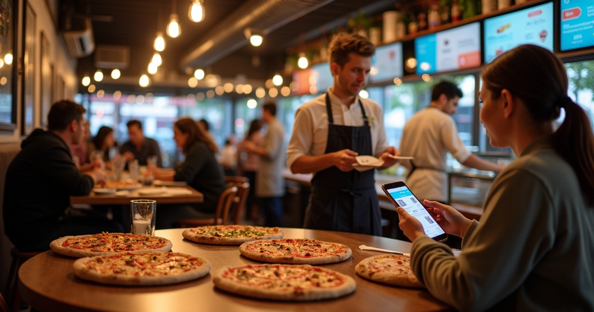 Pedido de pizza digital sendo enviado da mesa para a cozinha 