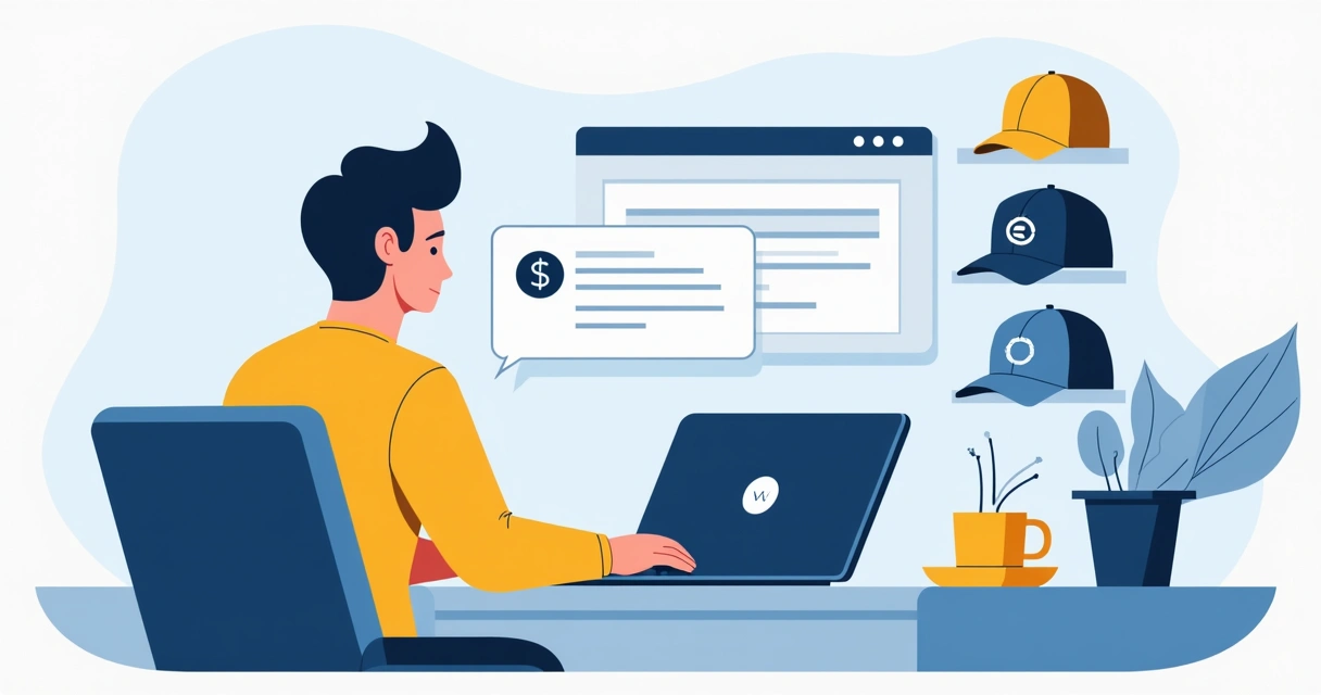 Pessoa usando notebook para pedir boné personalizado via chat online