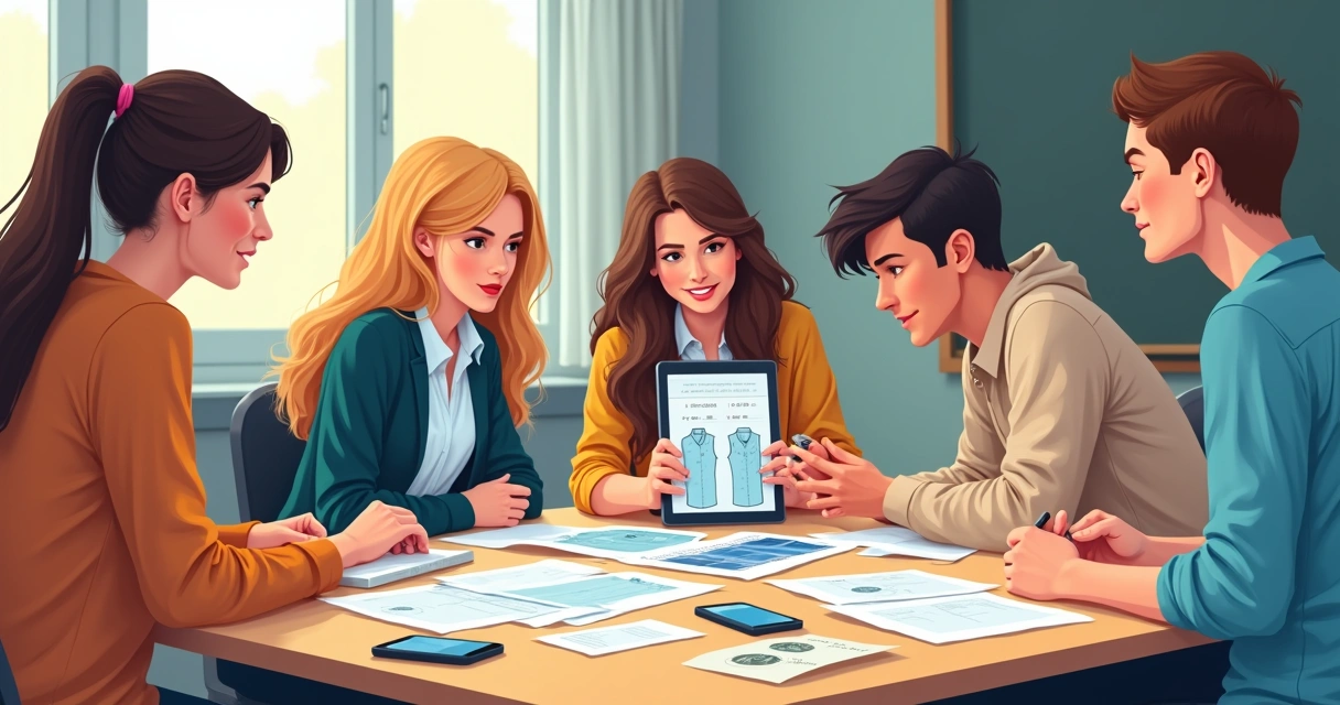 Turma reunida avaliando amostras de camisas terceirão em uma sala, com papéis e celulares sobre a mesa.