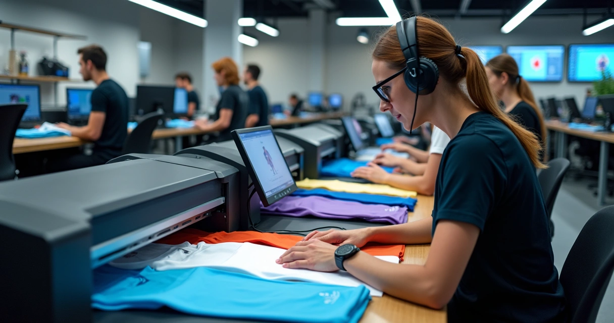 Equipe preparando camisetas personalizadas em ambiente de impressão digital 