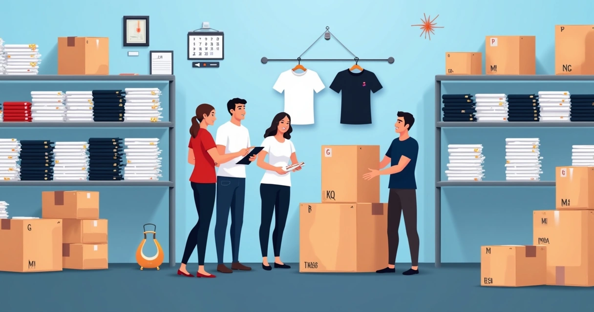 Equipe separando camisetas personalizadas por tamanhos e lotes