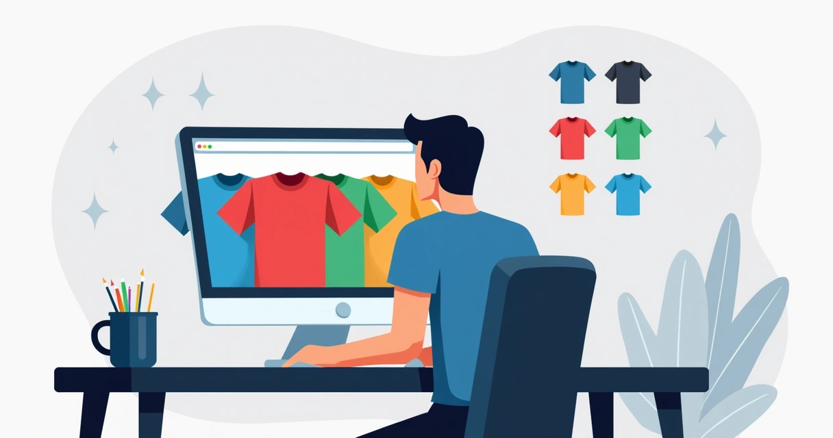 Pessoa com notebook escolhendo várias camisetas de cores diferentes na tela