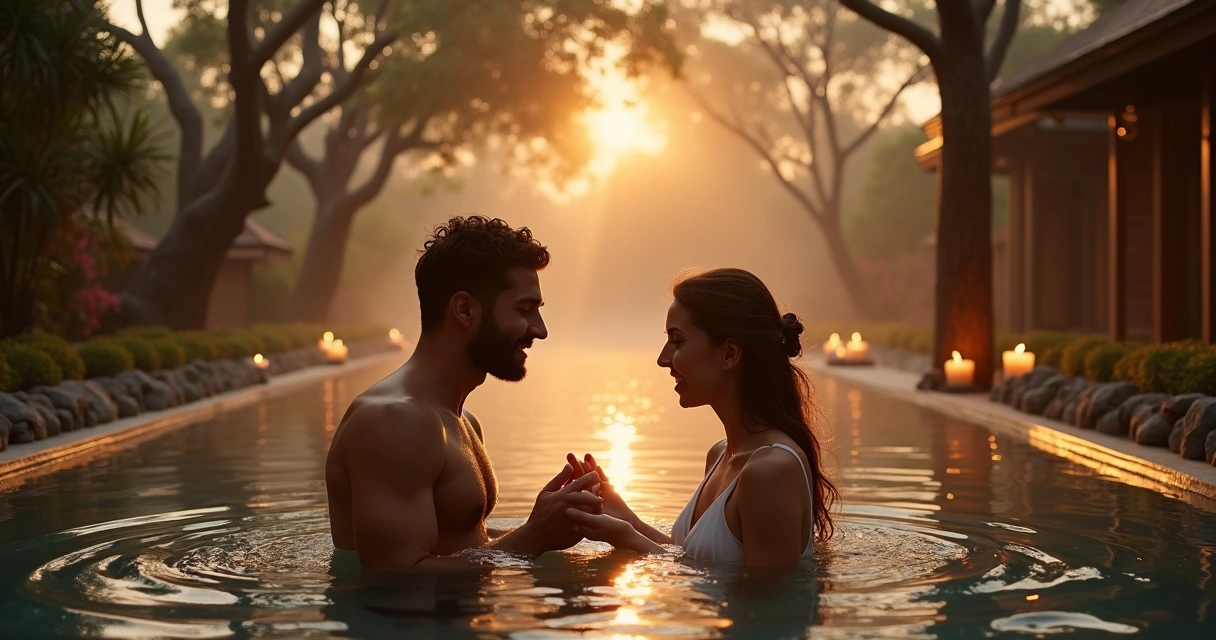 Casal celebrando pedido de casamento em ambiente natural de spa 