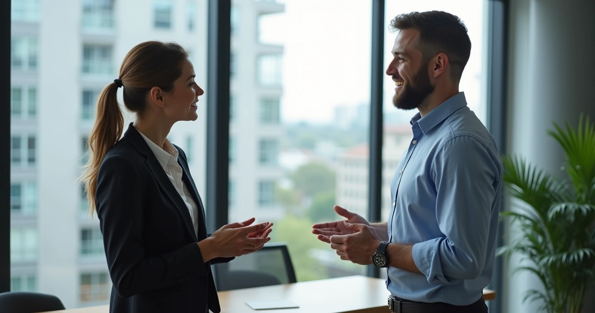 Colega de equipe fazendo pedido claro para outro colaborador em escritório 