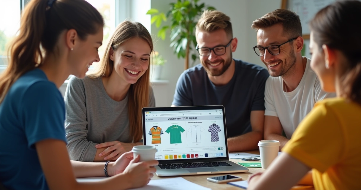 Grupo reunido escolhendo camisetas personalizadas da Copa em tela de computador