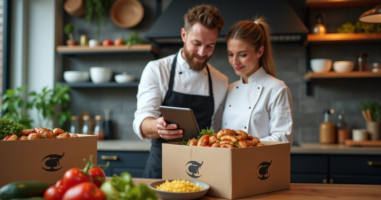 Pedido de delivery sendo preparado com tablet ao lado. 