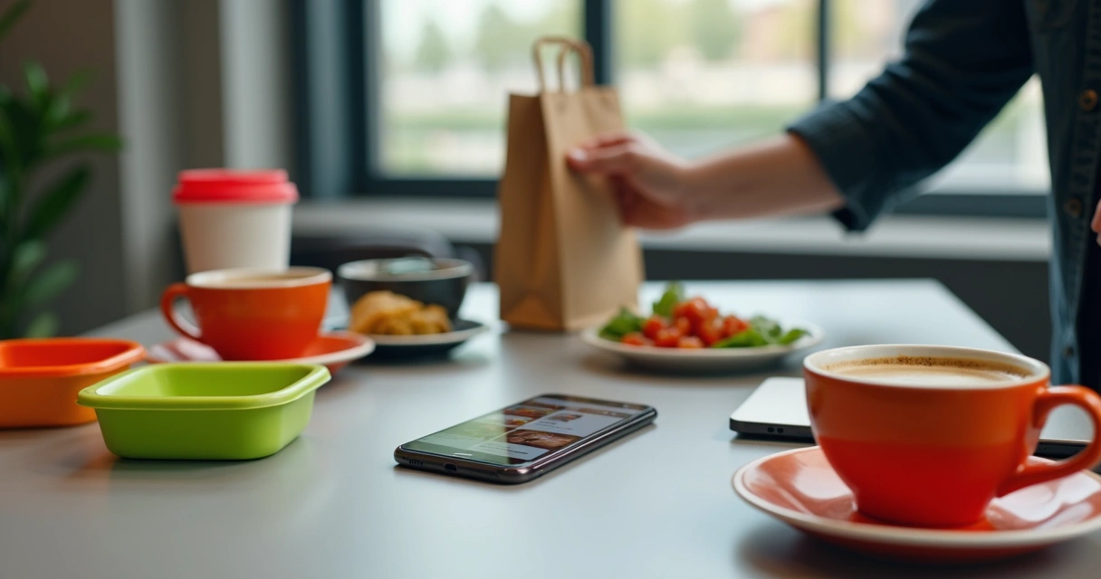Aplicativo de delivery aberto em celular e várias caixas de comida em uma mesa de escritório 