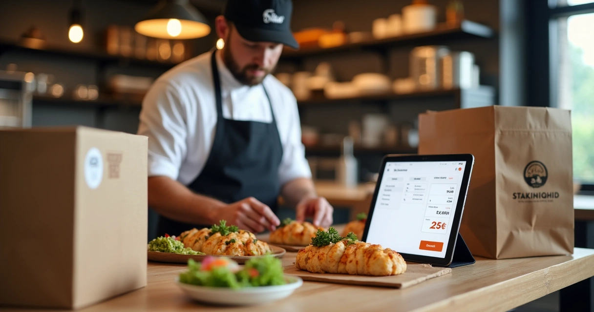Pedido de delivery sendo preparado em mesa de restaurante 