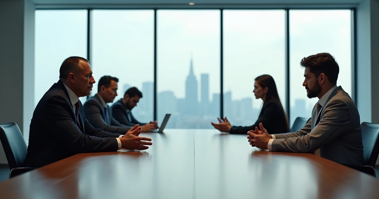 Executivos em ambiente formal durante um pedido de desculpas tenso 