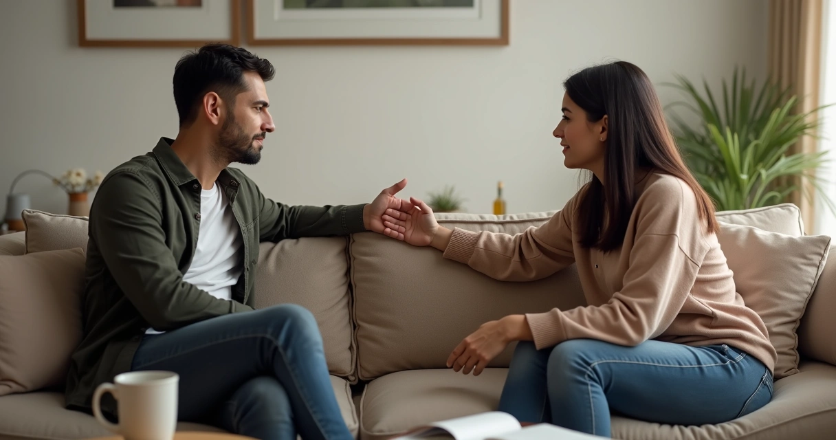 Casal sentado em um sofá, um olhando para o outro, com expressão sincera de desculpas 