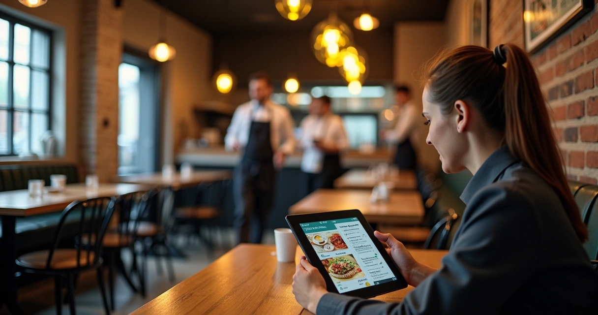 Cliente em restaurante fazendo pedido em tablet na mesa 
