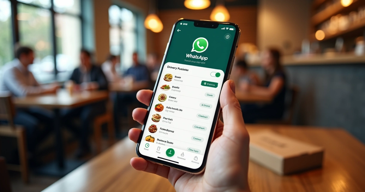 Smartphone exibindo cardápio digital integrado ao WhatsApp com pedidos ativos 