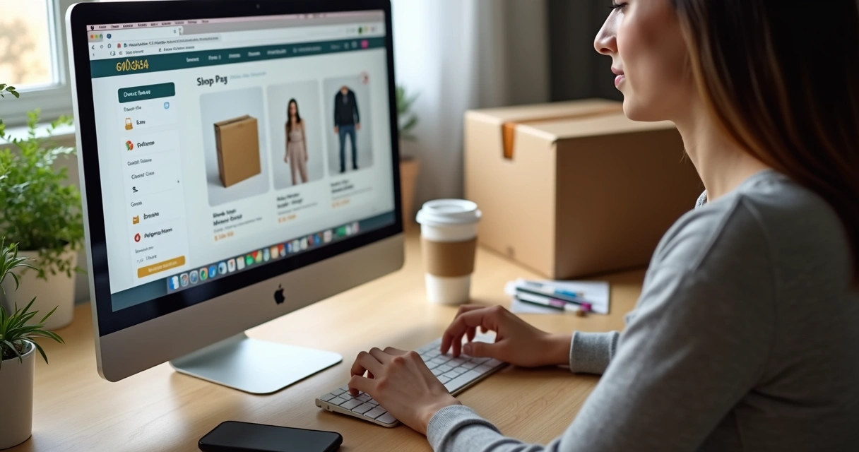 Pessoa processando pedido de dropshipping em computador com caixa de envio ao lado