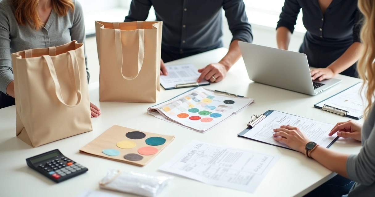 Equipe analisando pedido de ecobags em lote com amostras de tecido e artes 