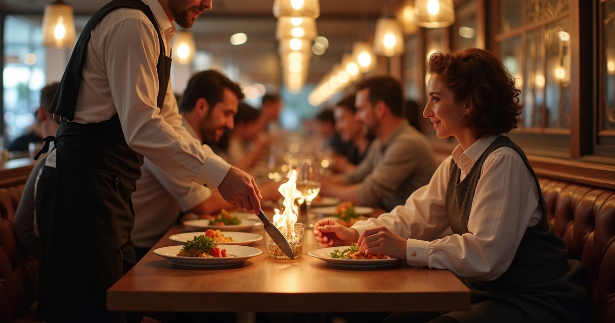 Garçom entregando prato a cliente em salão movimentado 