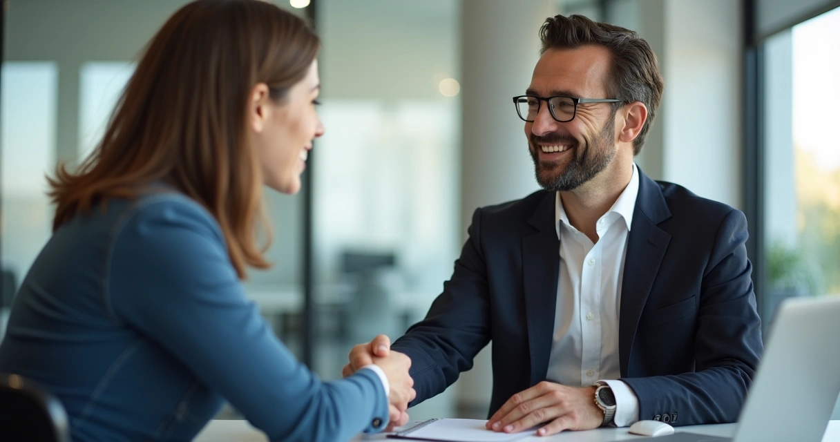 Gestor pedindo indicação após entrega de resultados, cliente sorrindo, mãos apertadas 