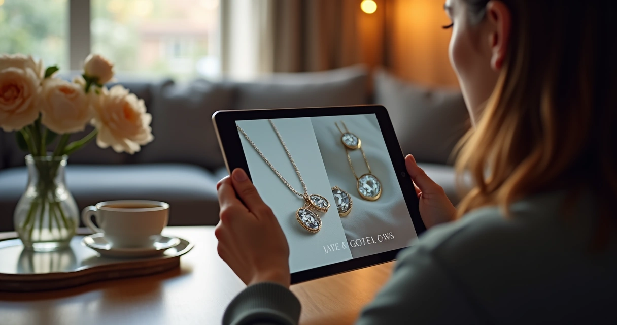 Cliente fazendo pedido de joia pelo tablet em casa 
