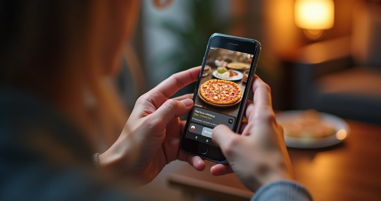 Cliente vendo vídeo de comida e fazendo pedido no celular