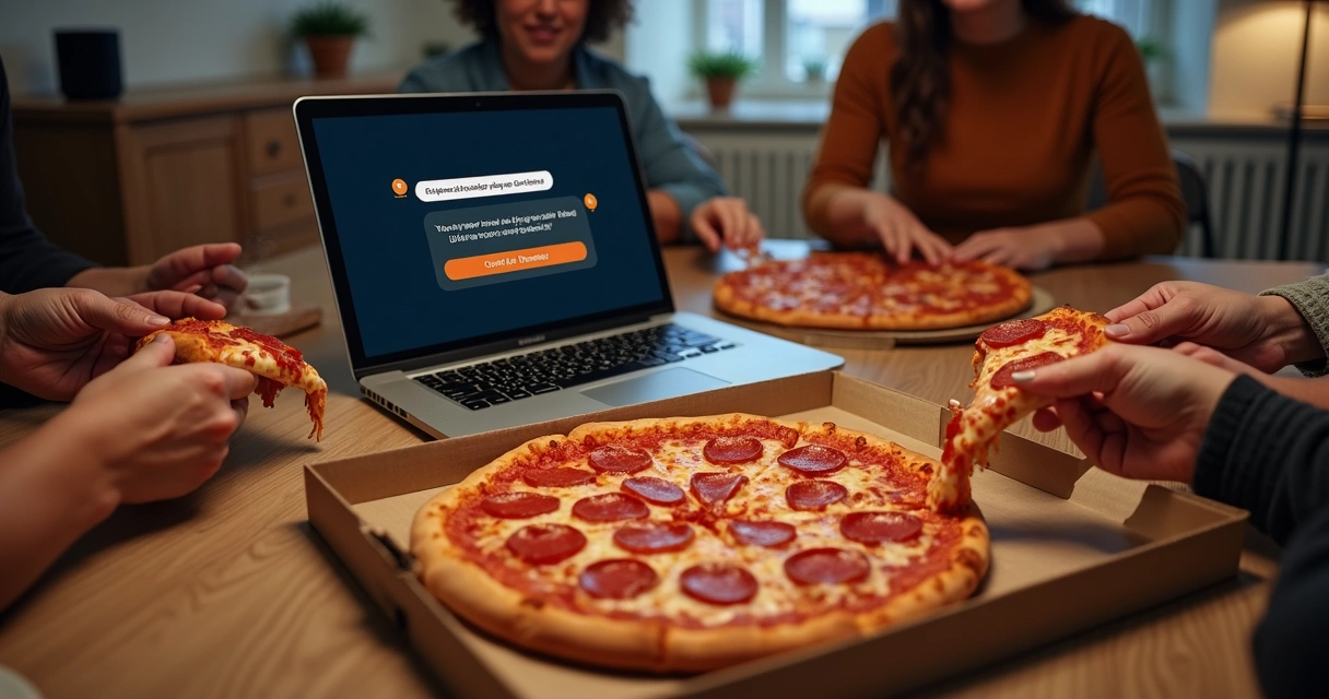 Mesa com pizza e notebook mostrando conversa para pedir comida pela IA 