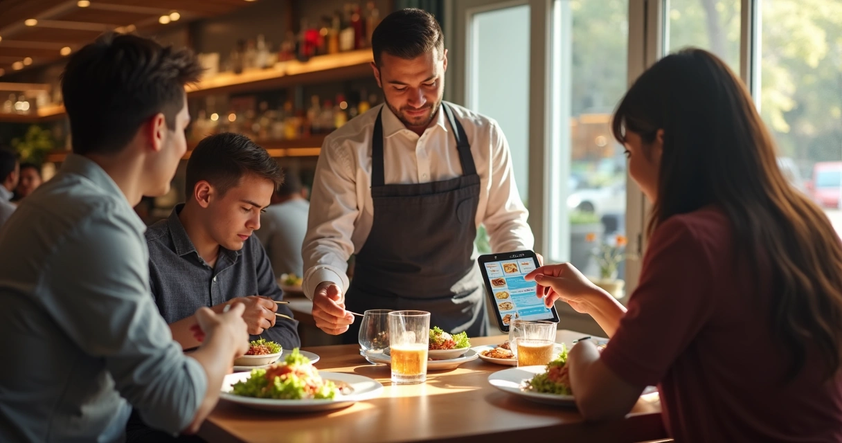 Atendente anotando pedido em mesa de restaurante 