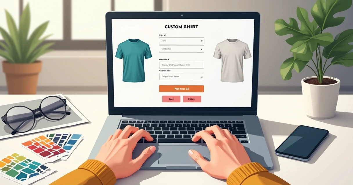 Pessoa preenchendo formulário online de pedido de camiseta personalizada com celular na mesa