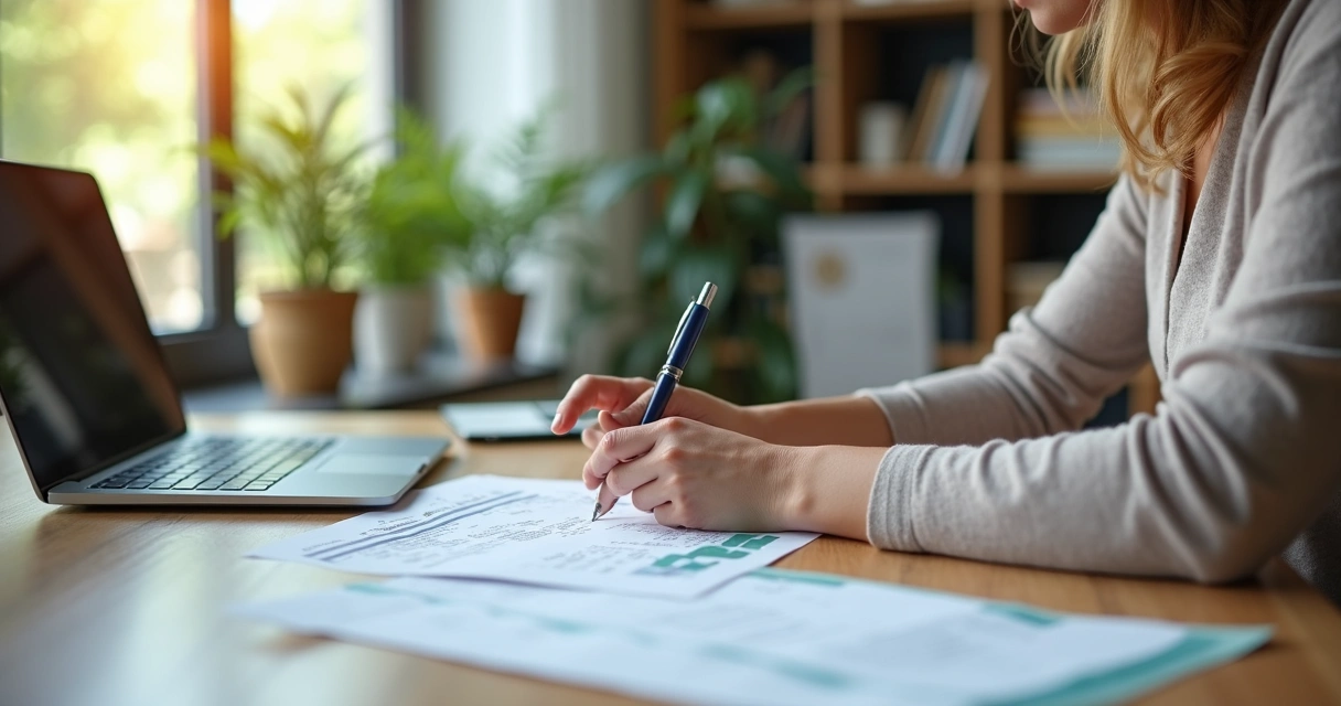 Pessoa preenchendo formulário para reembolso de plano de saúde com documentos e laptop na mesa 