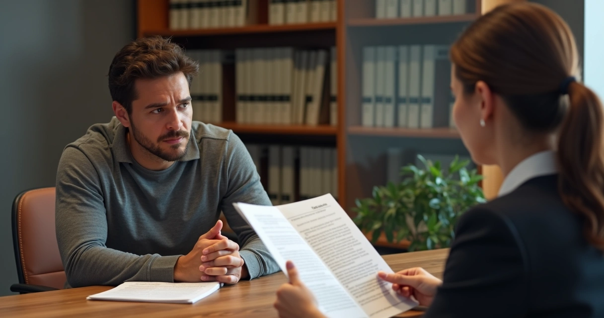 Trabalhador conversa com advogada segurando documentos de rescisão 