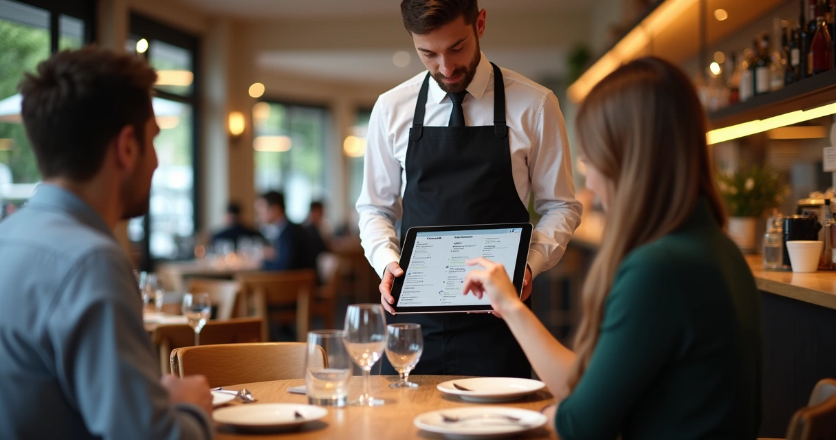 Garçom usando tablet para registrar pedido do cliente 