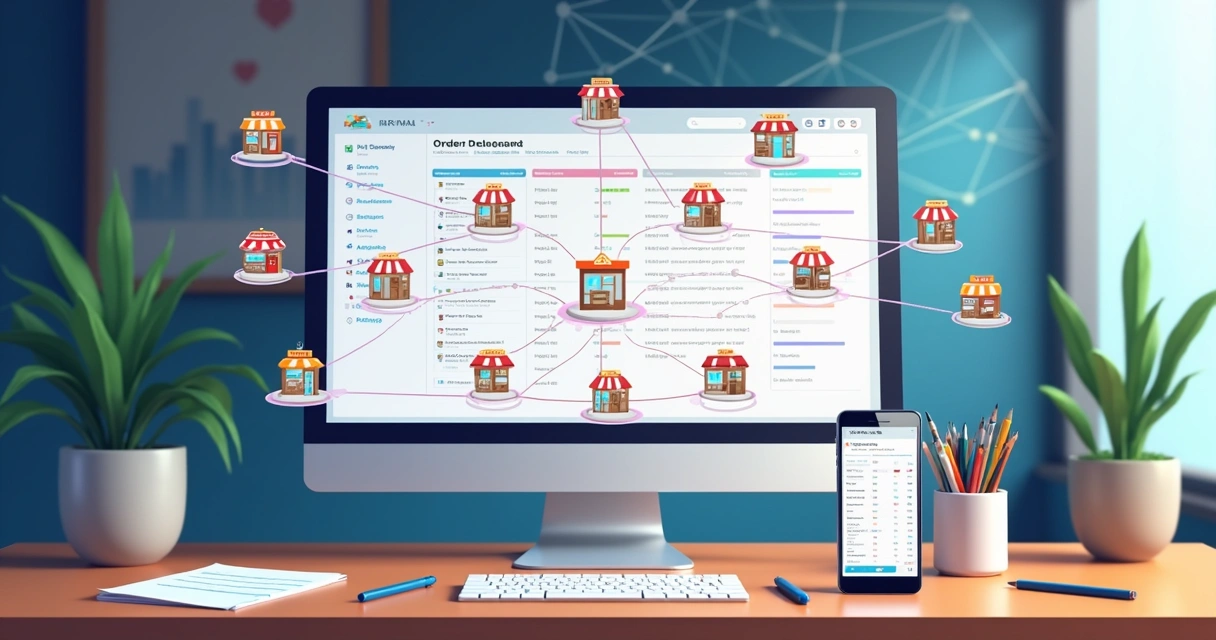 Representação de um painel digital mostrando consolidação de pedidos de vários franqueados