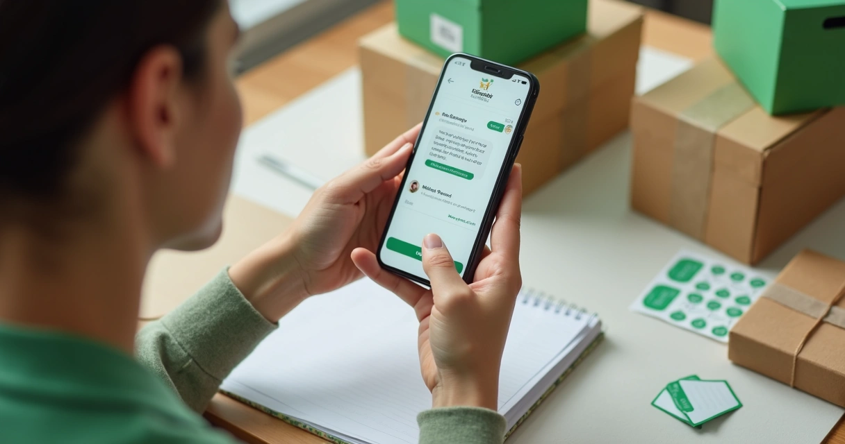 Lojista atendendo pedidos no WhatsApp com embalagens ao redor 