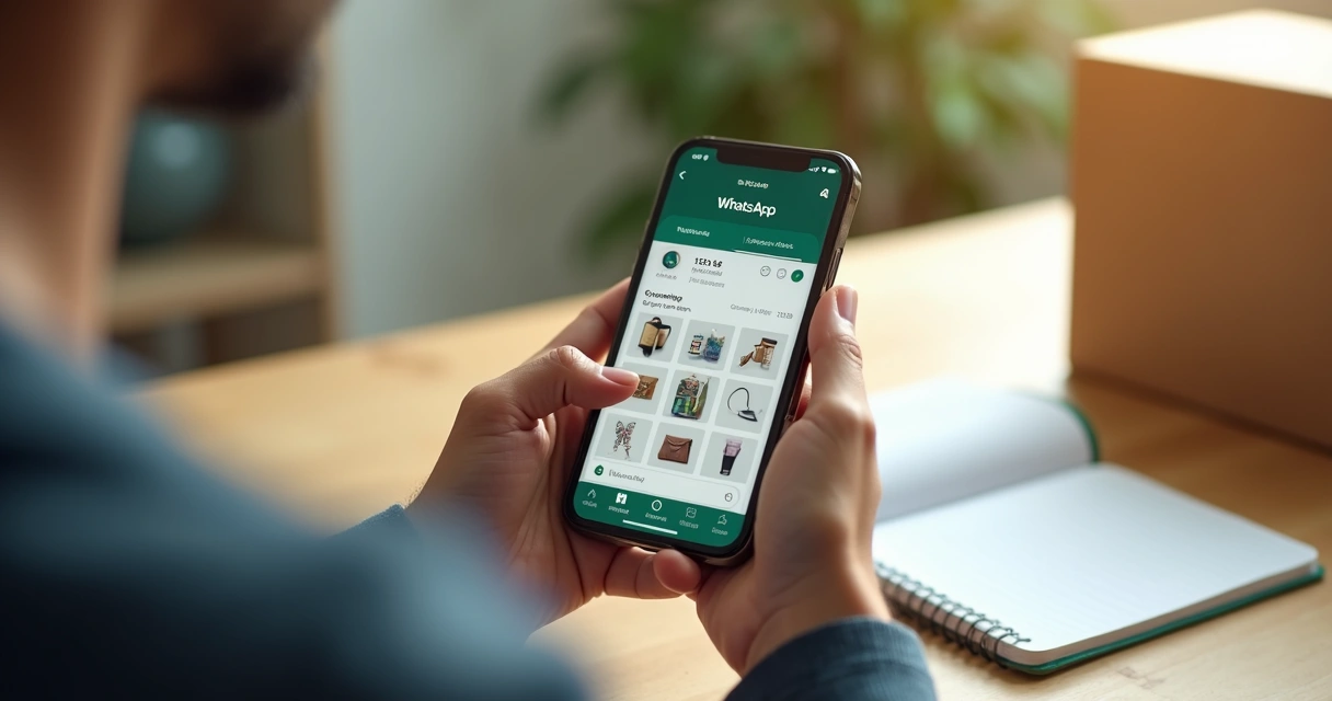 Tela de celular com catálogo digital e conversa de pedido no WhatsApp 