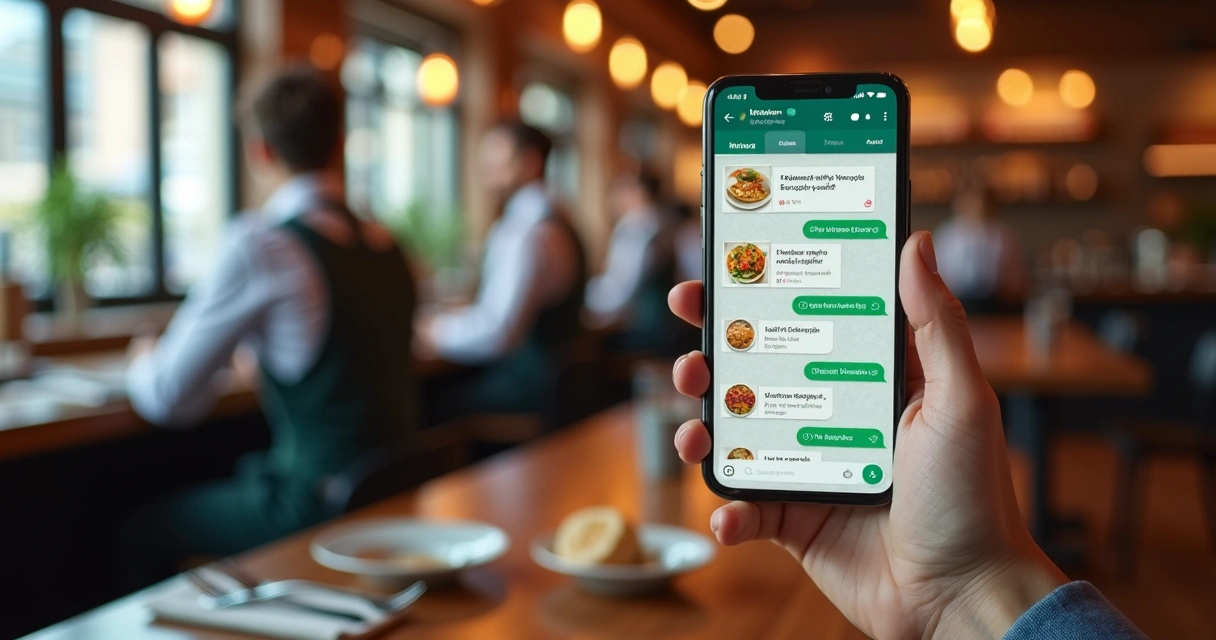 Smartphone mostrando conversa de pedidos via WhatsApp em restaurante com cardápio digital na tela 