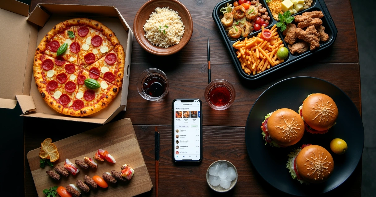 Mesa com lanches, marmita, pizza e sushi vistos de cima ao lado de celular com app de delivery aberto 