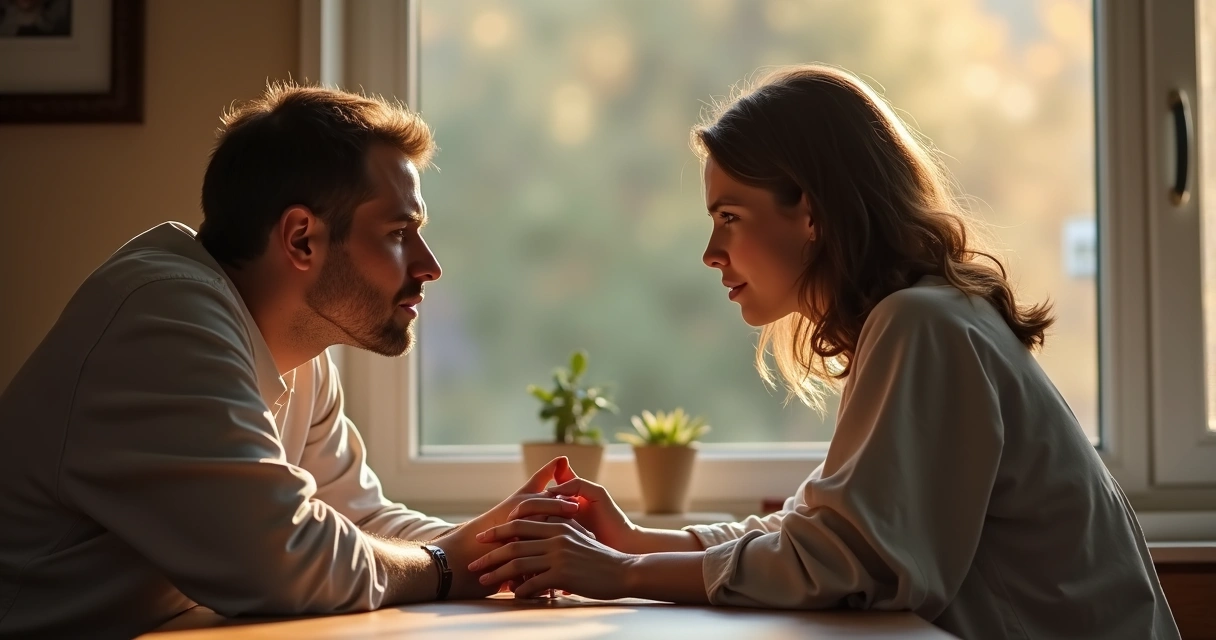 Duas pessoas sentadas em uma mesa trocando olhares com empatia e uma delas estendendo a mão para apoiar a outra. 