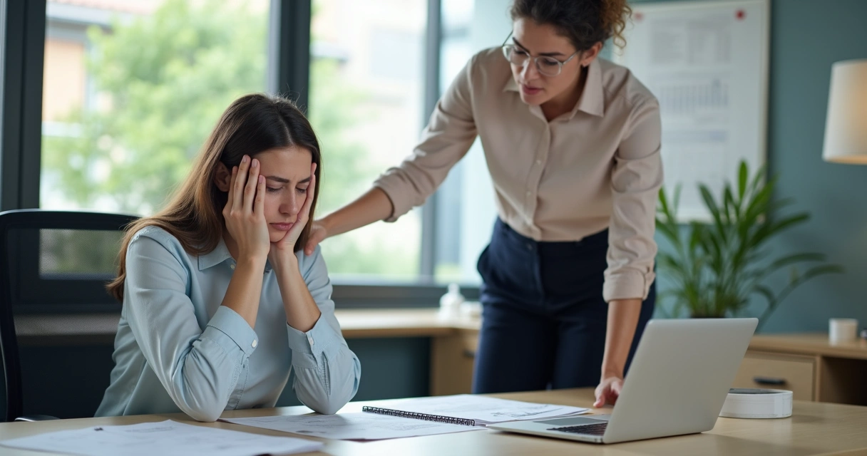 Duas pessoas conversando em ambiente de trabalho, uma parece hesitante ao pedir apoio 