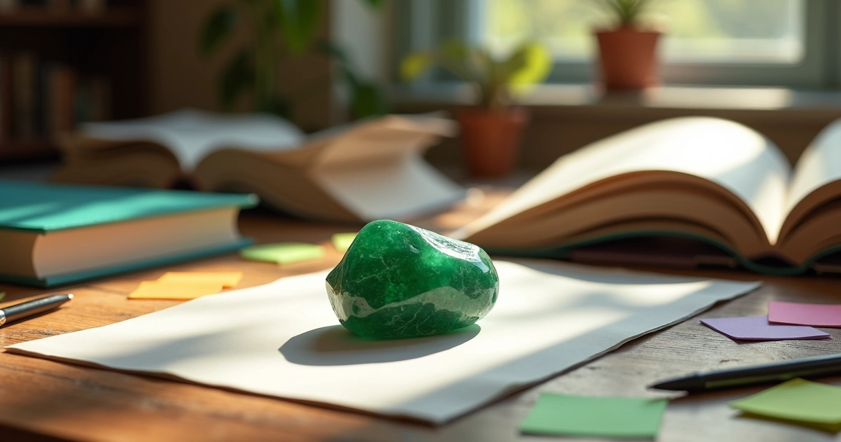 Pedra de aventurina sobre mesa com livros e materiais de estudo 