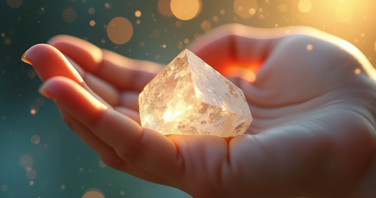 Mão segurando cristal transparente sob luz suave