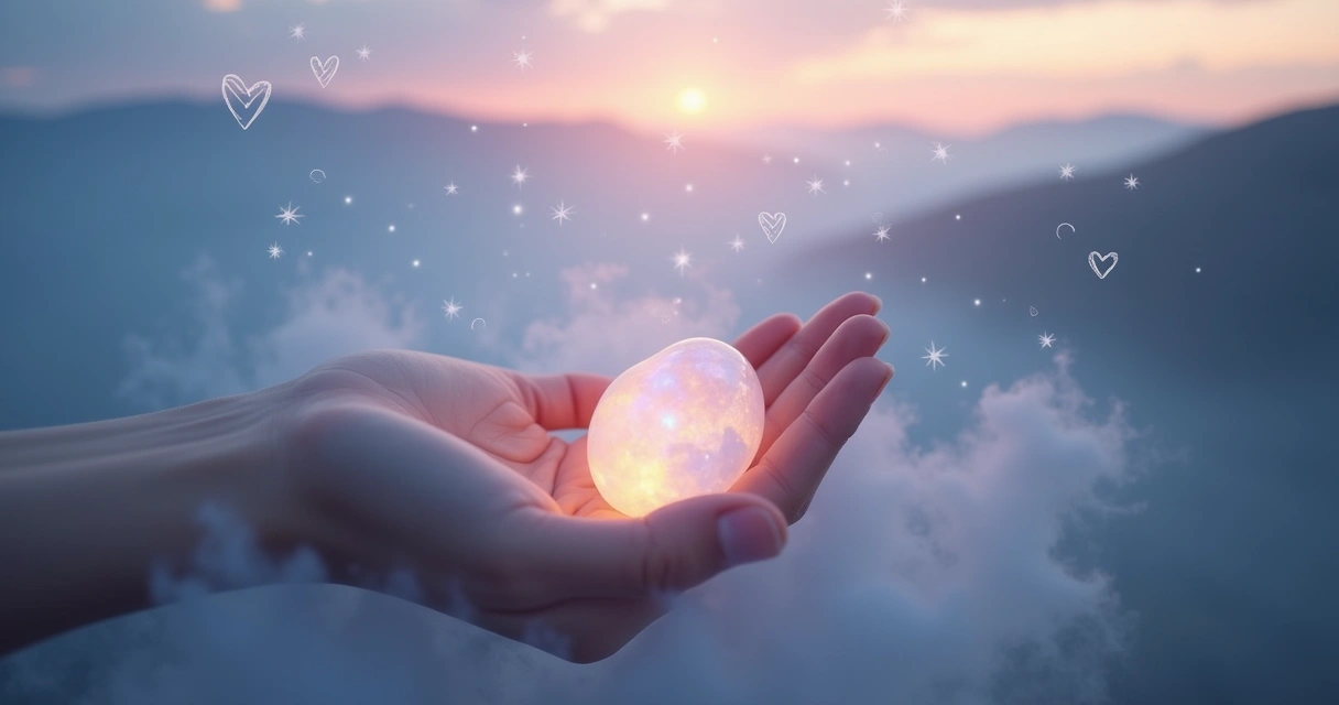 Close-up of a glowing moonstone surrounded by mist and soft colors, symbolizing intuition and emotion.
