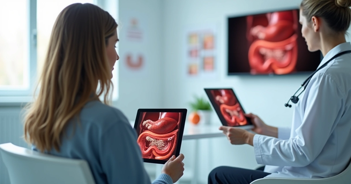 Médico mostra em tablet imagem da vesícula com pedras para paciente atenta em consultório 